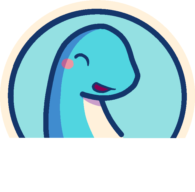 drawing of a happy blue lonkneck inside a blue circle