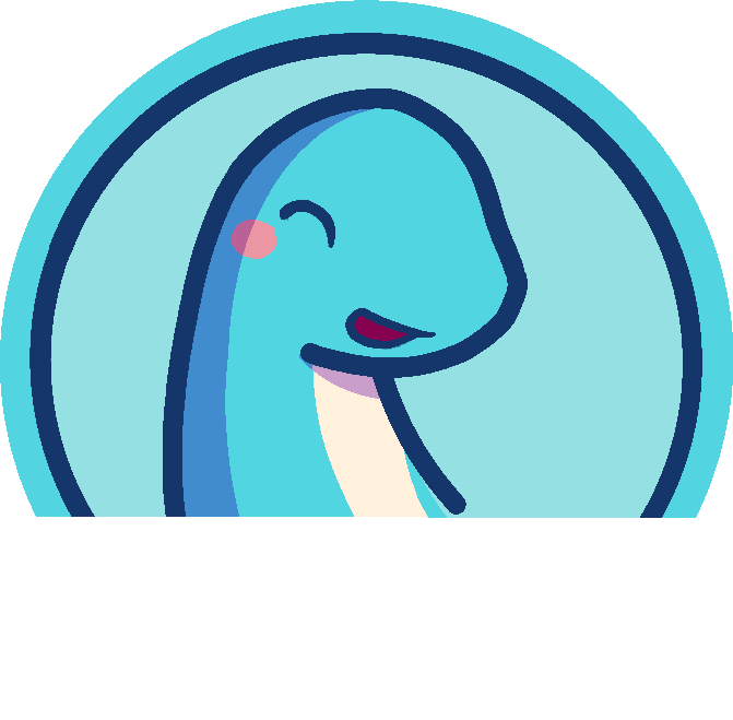 drawing of a happy blue lonkneck inside a blue circle